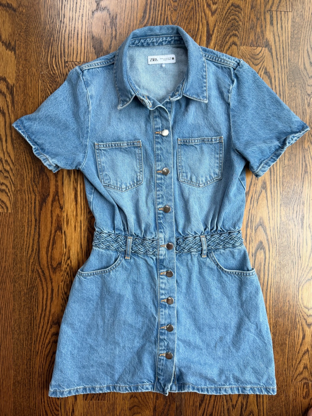 Zara Light Blue Denim Western 90s Fall Short-Sleeve Dress with Braided Waist